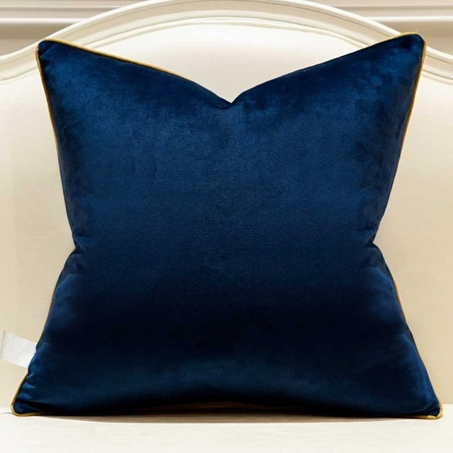 Navy Blue Plain Velvet Gold Piped Edge Modern Cushion Cover - Geometric Collection