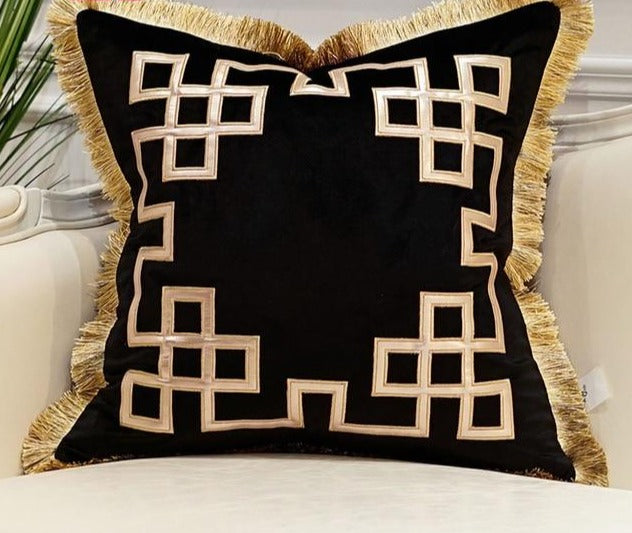 Black Velvet Gold Geometric Detail Fringe Cushion Cover - Geometric Collection