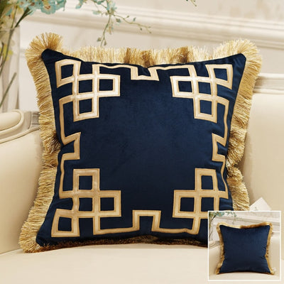 Navy Blue Velvet Gold Geometric Square Detail Fringe Luxury Cushion Cover - Geometric Collection