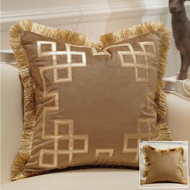 Beige Camel Velvet Gold Geometric Detail Fringe Cushion Cover - Geometric Collection
