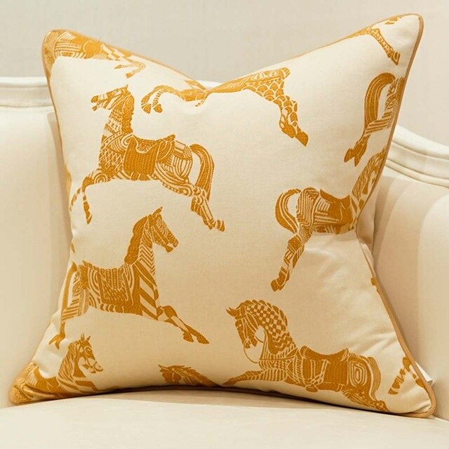 Horse Print Gold Cream Neutral Equestrian Style Cushion Cover - Equestrian Collection