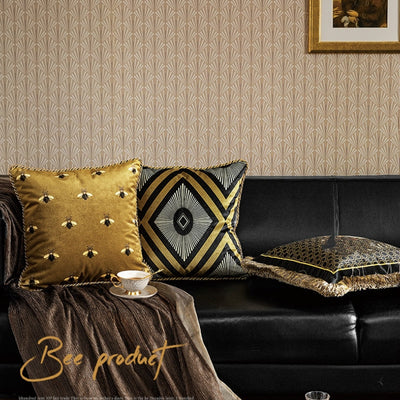 Golden Black Bee Print Braid Edge Velvet Cushion Cover - Animal Collection