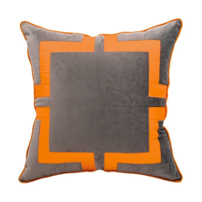 Modern Grey Velvet Orange Colour Block Cushion Cover - Geometric Collection