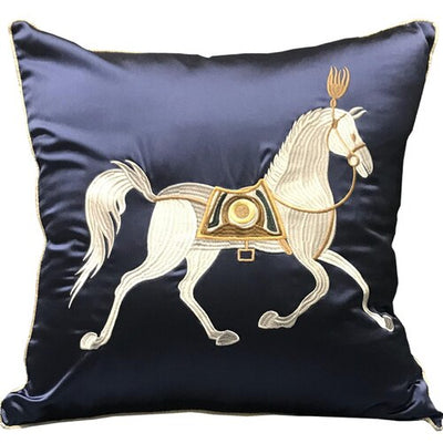 Silky Horse Embroidered Design Navy Blue Taupe Metallic Luxury Cushion Cover - Equestrian Collection