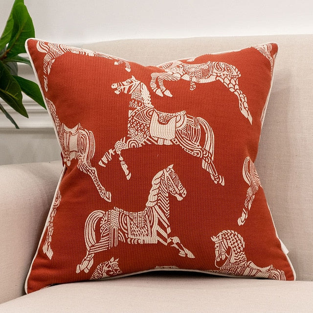 Terracotta Horse Print Equestrian Style Woven Cushion Cover - Equestrian Collection