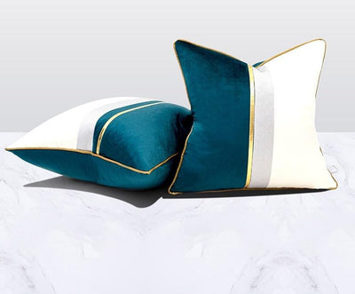 Dark Teal Velvet Gold Stripe Modern White Cushion Cover - Geometric Collection