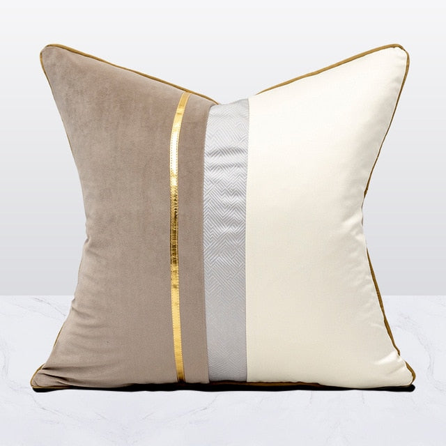 Taupe Velvet Gold Stripe White Modern Cushion Cover - Geometric Collection