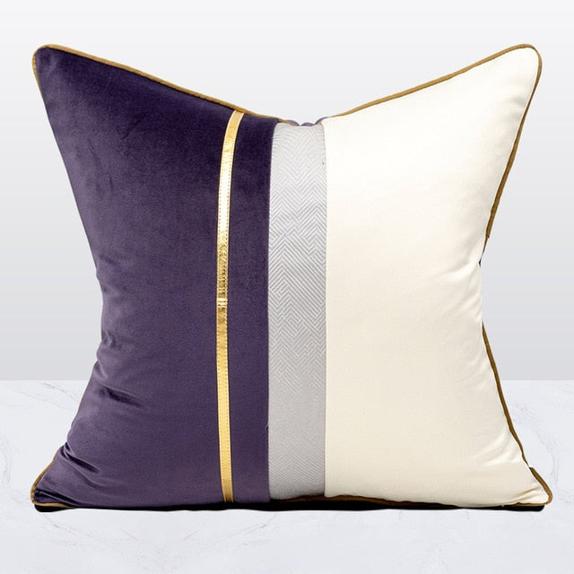 Purple Velvet Gold Stripe Modern White Cushion Cover - Geometric Collection