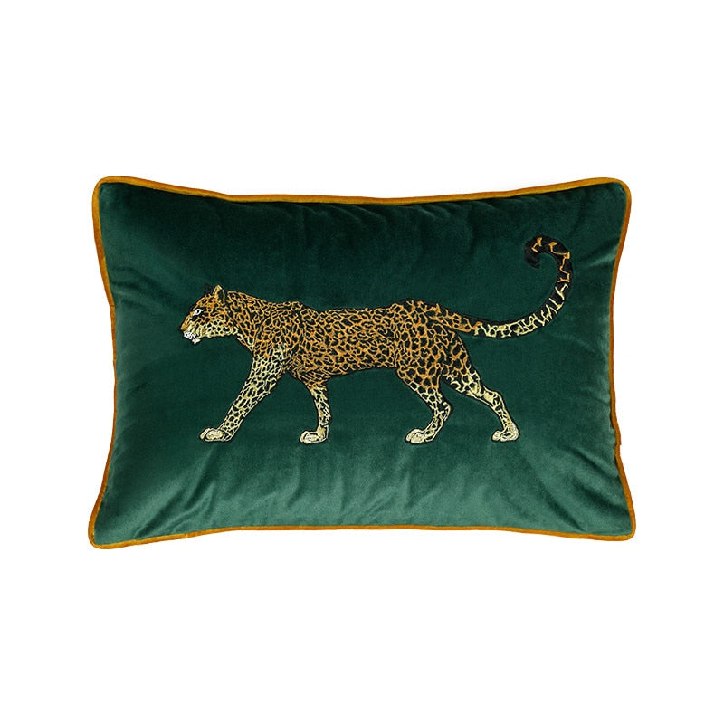 Emerald Forest Green Velvet Leopard Animal Cushion Cover - Animal