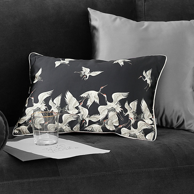 Silky Jacquard Bird Print Black White Satin Feel Rectangular Square Piped Cushion Cover - Botanical Collection