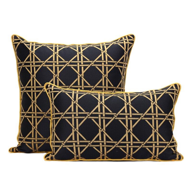 Geometric Lattice Print Black Gold Jacquard Piped Cushion Cover - Geometric Collection