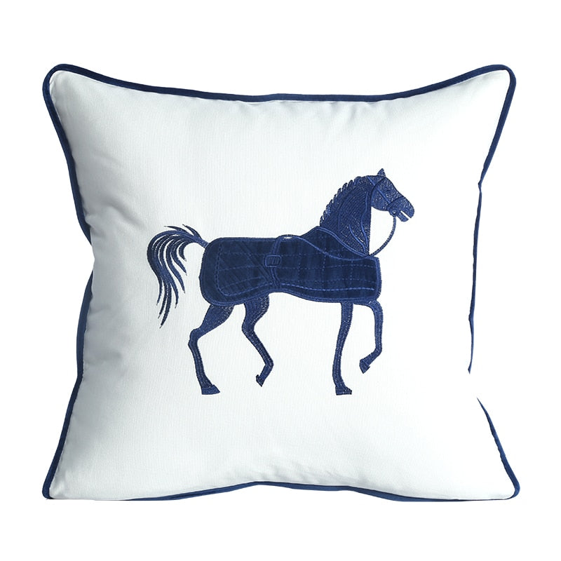 White Navy Blue  Embroidered Horse Piped Luxury Cushion Cover - Equestrian Collection