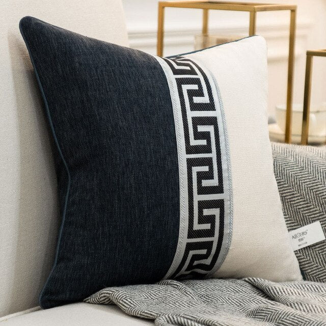 Grey Black Ivory Monochrome Baroque Greek Key Embroidered Cushion Cover - Baroque Collection
