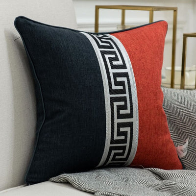 Black Red Grey Baroque Greek Key Pattern Embroidered Cushion Cover - Baroque Collection