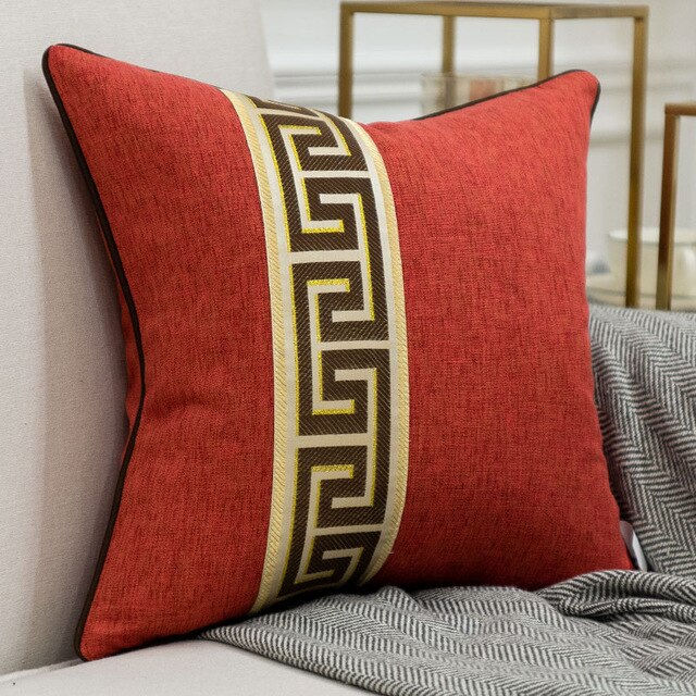 Deep Red Baroque Greek Key Pattern Embroidered Cushion Cover - Baroque Collection