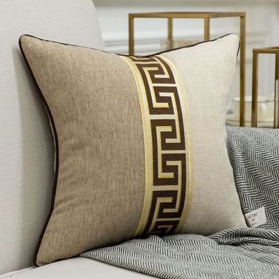 Beige Taupe Neutral Cream Baroque Greek Key Print Embroidered Cushion Cover - Baroque Collection