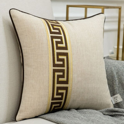 Cream Beige Brown Baroque Greek Key Pattern Embroidered Cushion Cover - Baroque Collection