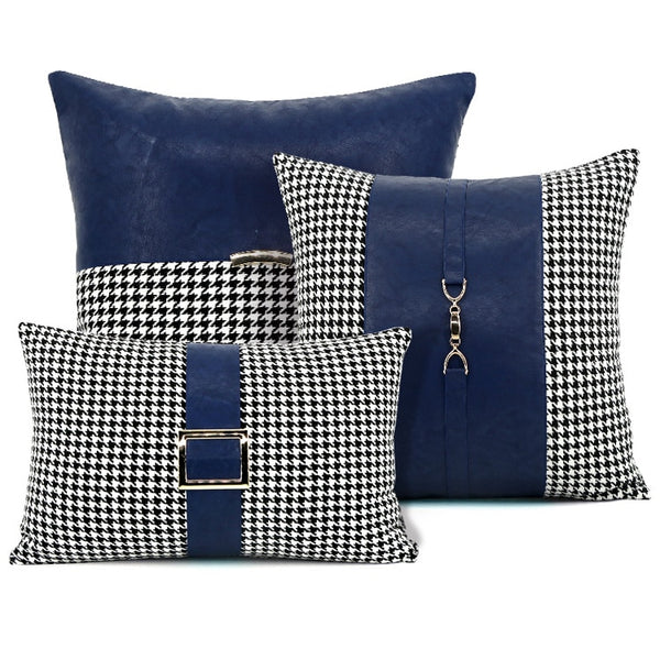 Black White Houndstooth Blue Patchwork Cushion Cover Equestrian Coll