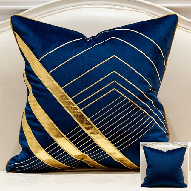 Navy Blue Velvet Gold Stripe Cushion Cover