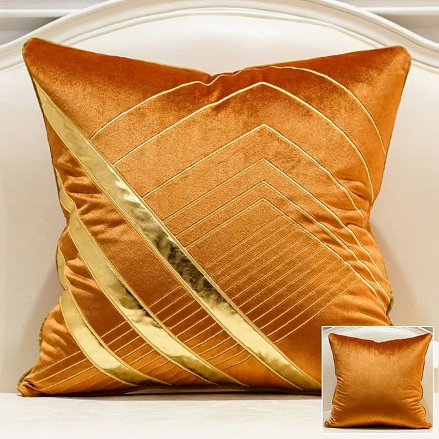 Orange Velvet Geometric Cushion Cover