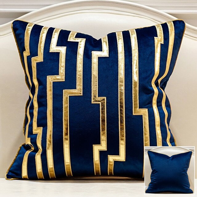 Navy Blue Velvet Gold Stripe Geometric Cushion Cover - Geometric Collection