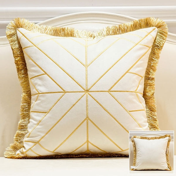 Cream Velvet Gold Geometric Gold Fringe Cushion Cover Geometric Coll The Opal Interior Company