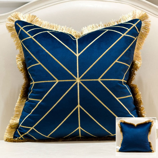 Navy Blue Velvet Gold Stripe Geometric Style Gold Fringe Cushion Cover - Geometric Collection