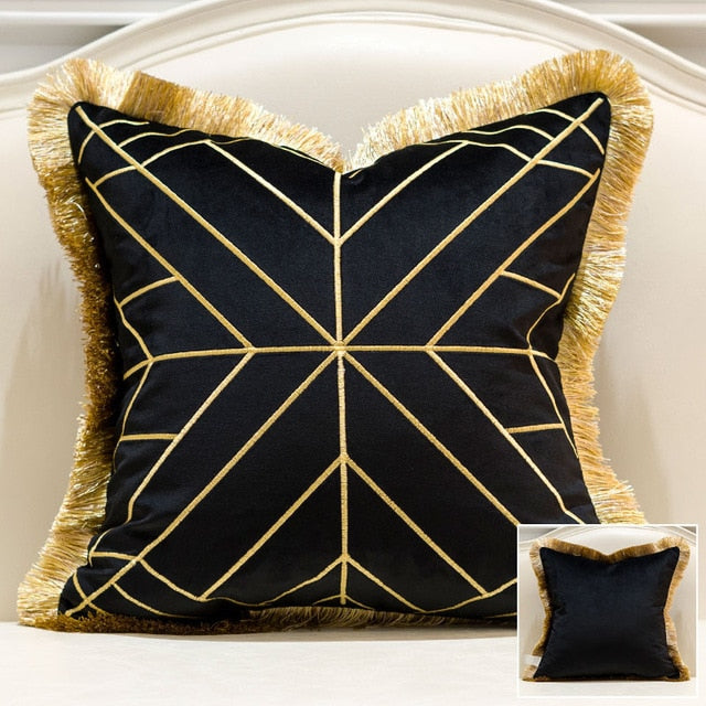 Black Velvet Gold Fringe Cushion Cover