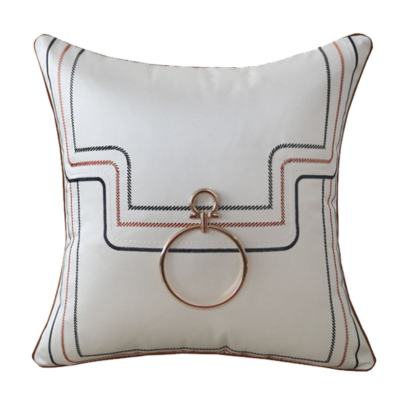 White Embroidered Modern Metal Detail Cushion Cover - Geometric Collection