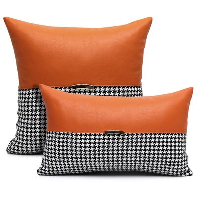 Black White Orange Houndstooth Patchwork Cushion Cover - Equestrian Collection