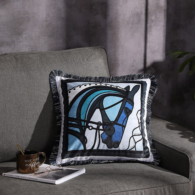 Modern Blue Horse Head Velvet Fringe Edge Cushion Cover - Equestrian Collection