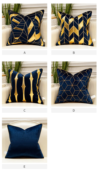 Navy Blue Velvet Gold Geometric Modern Cushion Cover - Geometric Collection