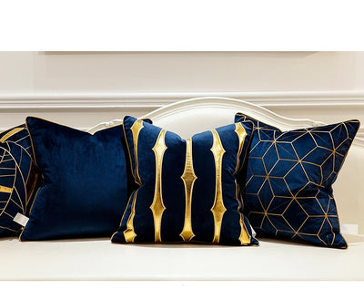 Navy Blue Velvet Gold Geometric Design Cushion Cover - Geometric Collection
