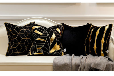 Black Velvet Gold Modern Geometric Cushion Cover - Geometric Collection