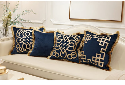 Navy Blue Velvet Gold Geometric Detail Fringe Luxury Cushion Cover - Geometric Collection