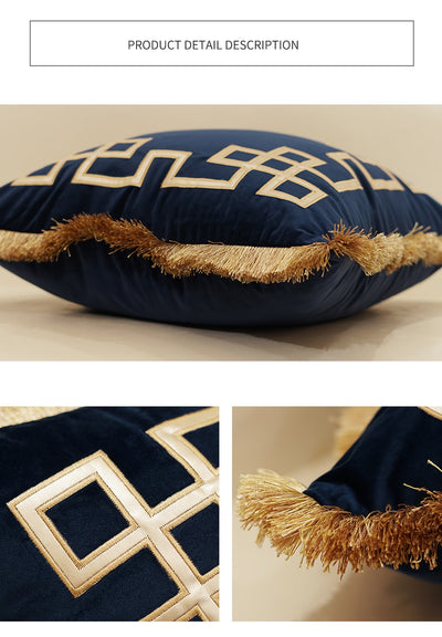 Navy Blue Velvet Gold Geometric Square Detail Fringe Luxury Cushion Cover - Geometric Collection