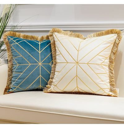 Cream Velvet Gold Geometric Gold Fringe Cushion Cover - Geometric Collection