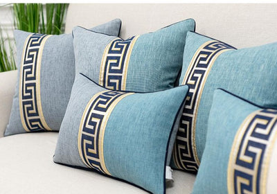 Light Blue Gold Cream Greek Key Pattern Embroidered Cushion Cover - Baroque Collection