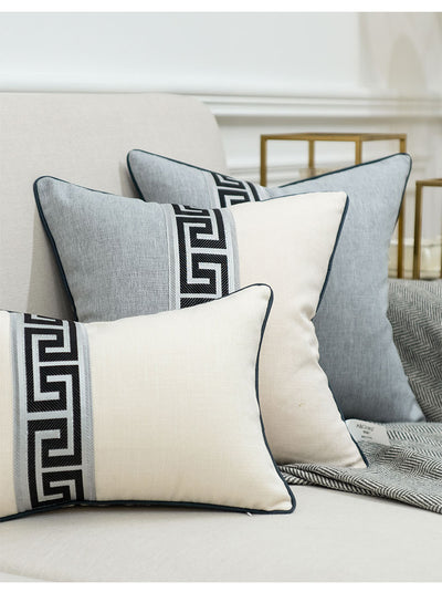 Grey Black Ivory Monochrome Baroque Greek Key Embroidered Cushion Cover - Baroque Collection