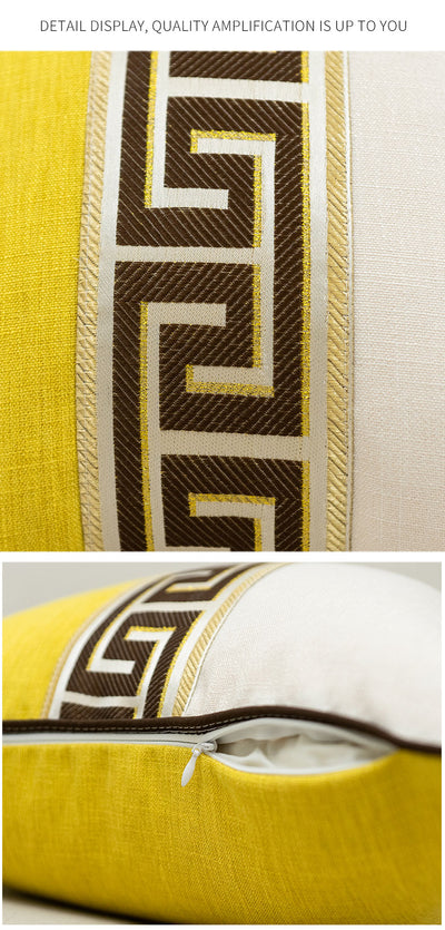 Yellow White Baroque Greek Key Print Embroidered Cushion Cover - Baroque Collection