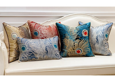 Blue Red Peacock Herra Feather Print  Luxury Jacquard Piped Cushion Cover - Botanical Collection