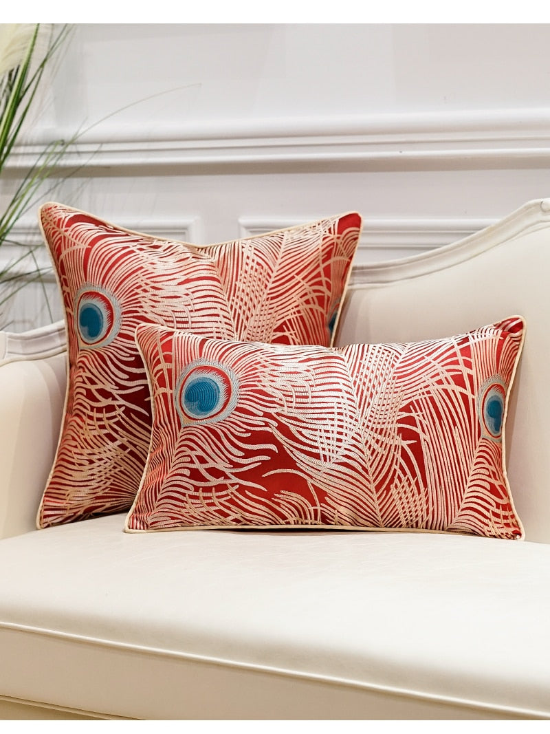 Red Peacock Herra Feather Print Luxury Jacquard  Piped Cushion Cover - Botanical Collection