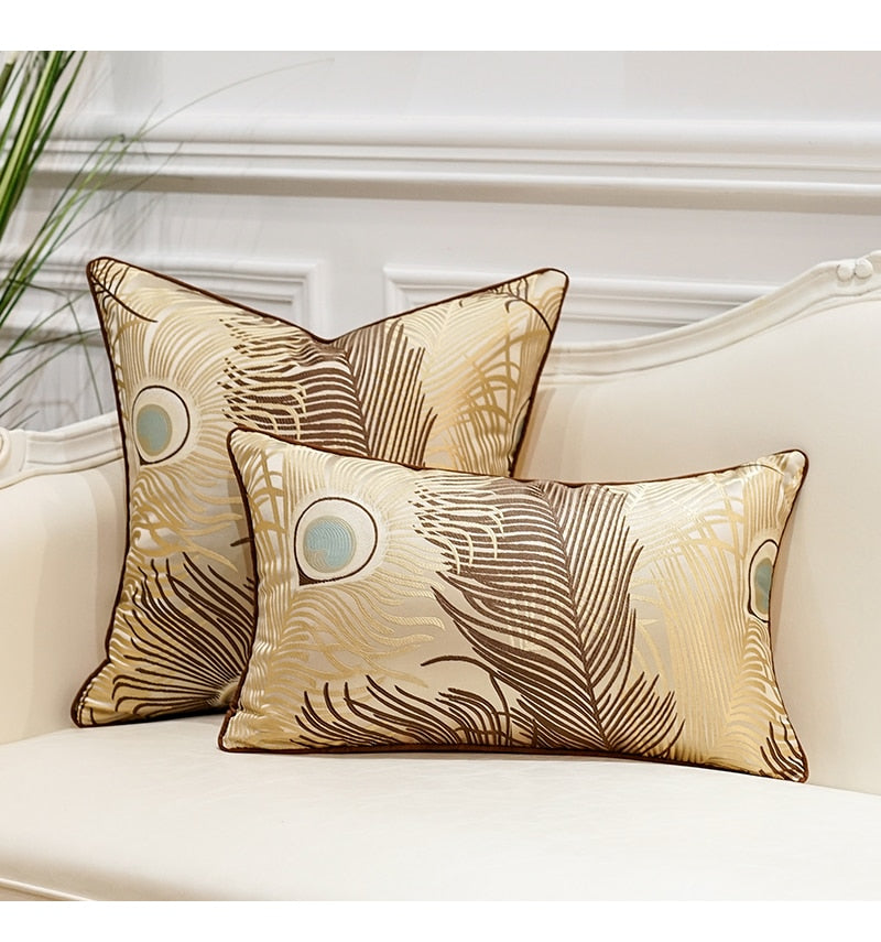 Beige Brown Golden Peacock Herra Feather Print Luxury Jacquard  Piped Cushion Cover - Botanical Collection