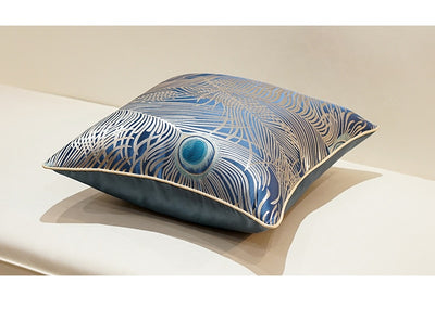 Blue Peacock Herra Feather Print Luxury Jacquard Piped Cushion Cover - Botanical Collection