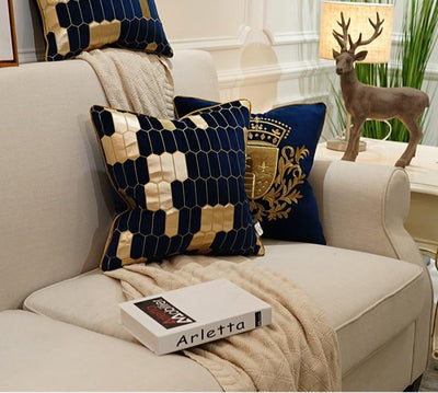 Navy Blue Velvet Gold Coat of Arms Royal Cushion Cover - Royal Collection