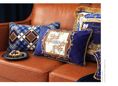 Tartan Equestrian Style Horse Print Blue Brown Plaid Velvet Cushion Cover - Equestrian Collection