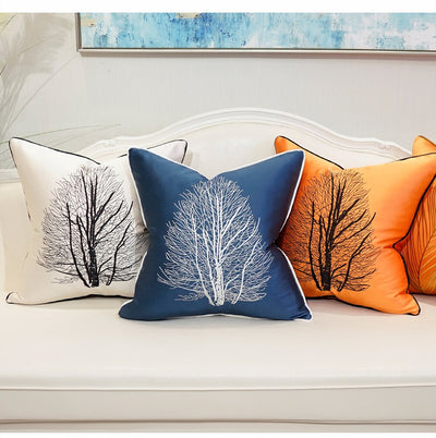 Blue White Tree Embroided Luxury Piped Cushion Cover - Botanical Collection
