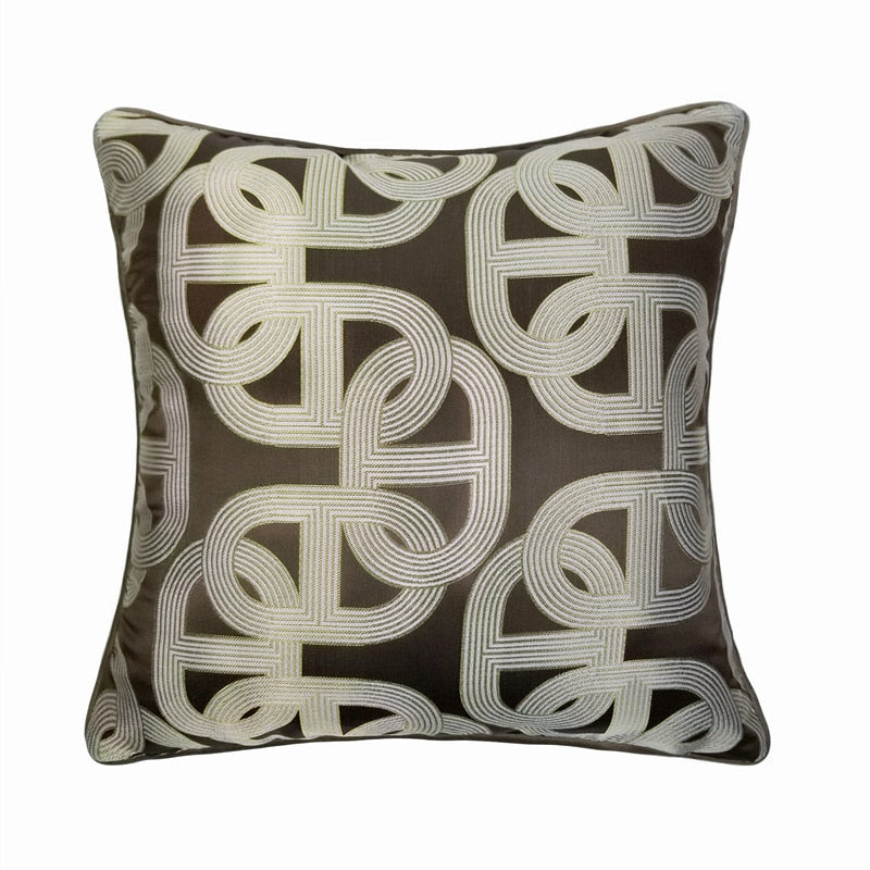 Luxury Silky Chain Print Jacquard Brown Piped Cushion Cover - Geometric Collection