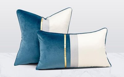 Teal Blue Velvet Gold Stripe Modern White Cushion Cover - Geometric Collection