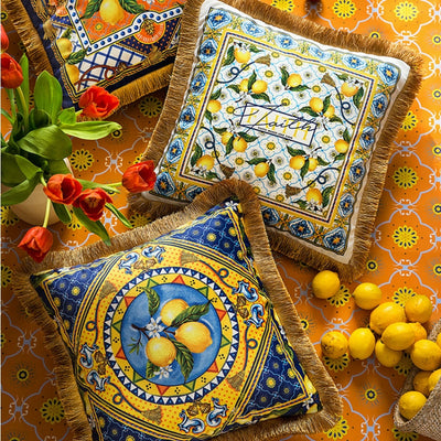 Lemon Print Botanical Floral Velvet Tassle Fringe Cushion Cover - Botanical Collection